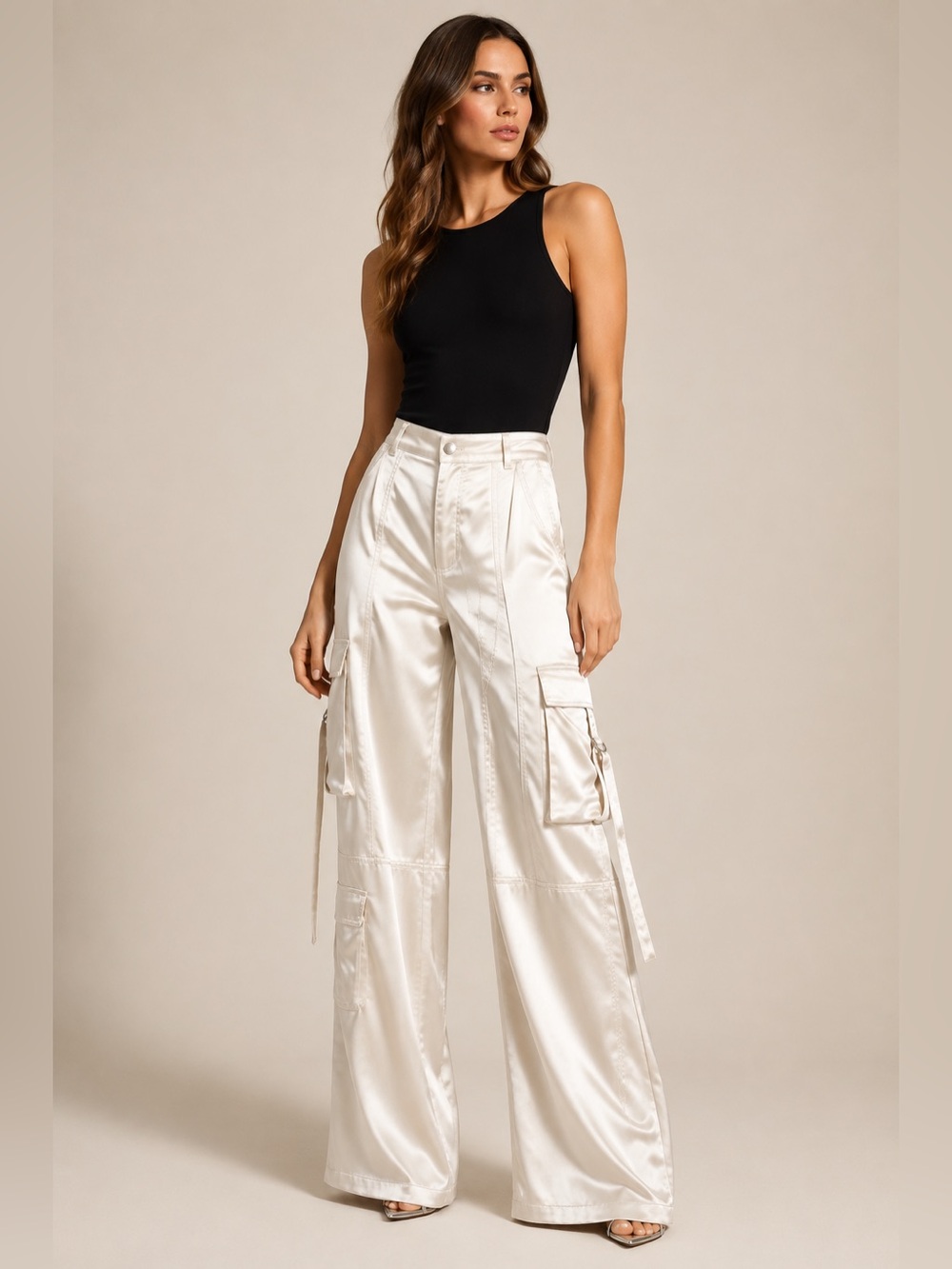 Gianni Bini Cream Satin Cargo Wide-Leg Pants size S